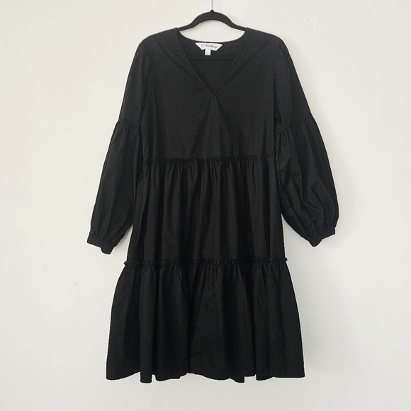 NWOT The Drop Black 100% Cotton Tiered Long Sleeves V/Neck Women's Dress Size M - Picture 2 of 6